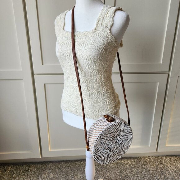 ASOS Round White Brown Woven Canteen Crossbody Bag Boho Beach Tropical Festival - Picture 2 of 13